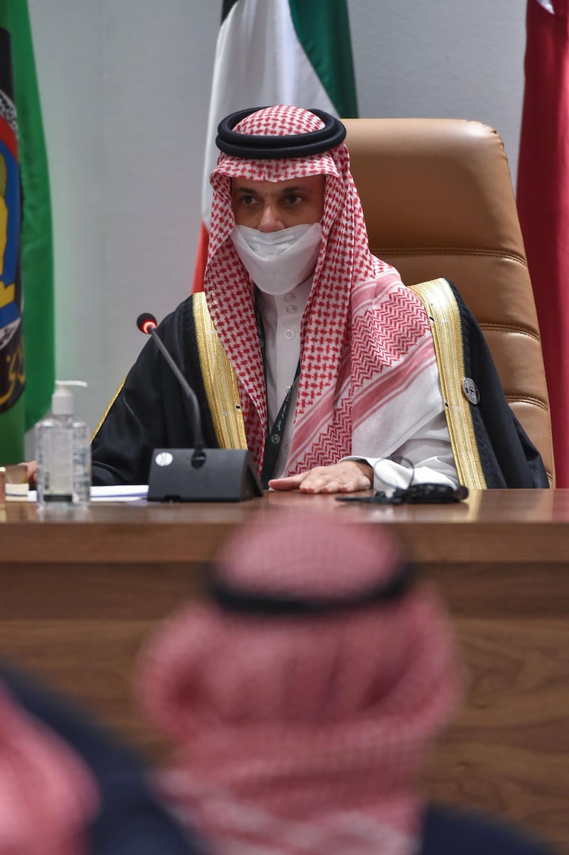 Saudi Foreign Minister Prince Faisal bin Farhan Al Saud holds a press conferece. AFP