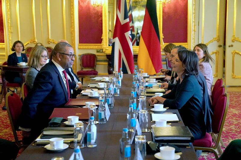 Britain's Foreign Secretary James Cleverly sits down for talks with German Foreign Minister Annalena Baerbock in London. PA