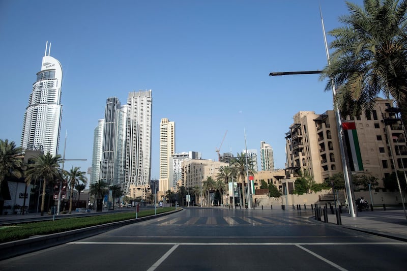 Authorities in Dubai announced intensified restrictions on the movement of people and vehicles during early April. Pictured, Downtown Dubai. EPA