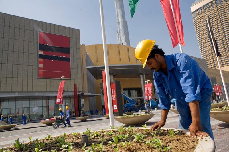 Dubai, UAE - October 30, 2008 - A worker plants a flower bed outside of Dubai Mall. (Nicole Hill / The National) *** Local Caption ***  NH DubaiMall02.jpgbz04no-dubaimall main.jpg