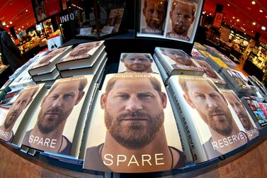 Copies of the new book by Prince Harry called "Spare" are displayed at a book store in Berlin, Germany, Tuesday, Jan.  10, 2023.  Prince Harry's memoir "Spare" went on sale in bookstores on Tuesday, providing a varied portrait of the Duke of Sussex and the royal family.  (AP Photo / Michael Sohn)