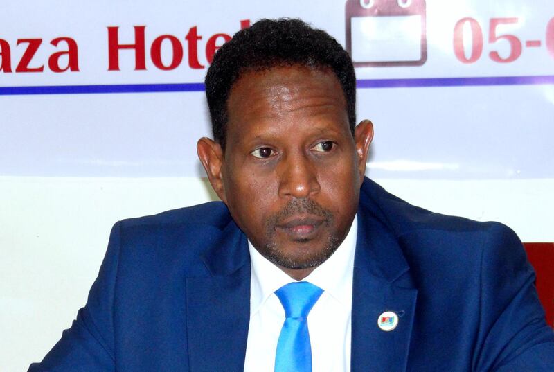 In this photo taken on Saturday, March 3, 2018, Mayor of Mogadishu Abdirahman Omar Osman looks on, in Mogadishu. Somalia's government says the mayor of Mogadishu has died after being badly wounded in an al-Shabab extremist attack in his office last week. The spokesman for Somalia's president said Abdirahman Omar Osman died Thursday, Aug 1 in Qatar, where he had been airlifted for treatment after the July 24 attack. (AP Photo/Farah Abdi Warsameh)