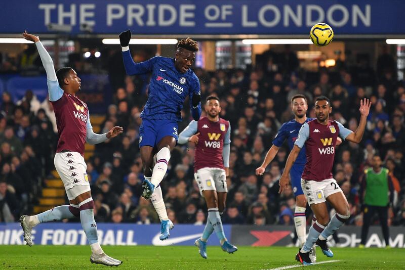 Chelsea striker Tammy Abraham scores the first goal against Aston Villa. Getty Images