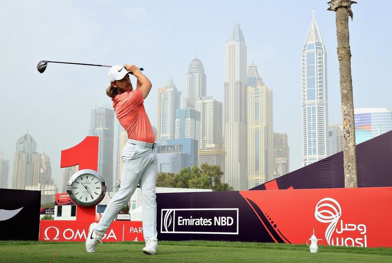 DUBAI, UNITED ARAB EMIRATES - JANUARY 24:  Tommy Fleetwood of England takes his tee shot on hole one during Day One of the Omega Dubai Desert Classic at Emirates Golf Club on January 24, 2019 in Dubai, United Arab Emirates.  (Photo by Andrew Redington/Getty Images)