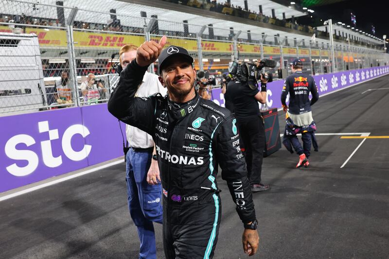 Mercedes driver Lewis Hamilton after securing pole position at the Saudi Arabian Grand Prix at the Jeddah Corniche Circuit on Saturday, December 4, 2021. AFP