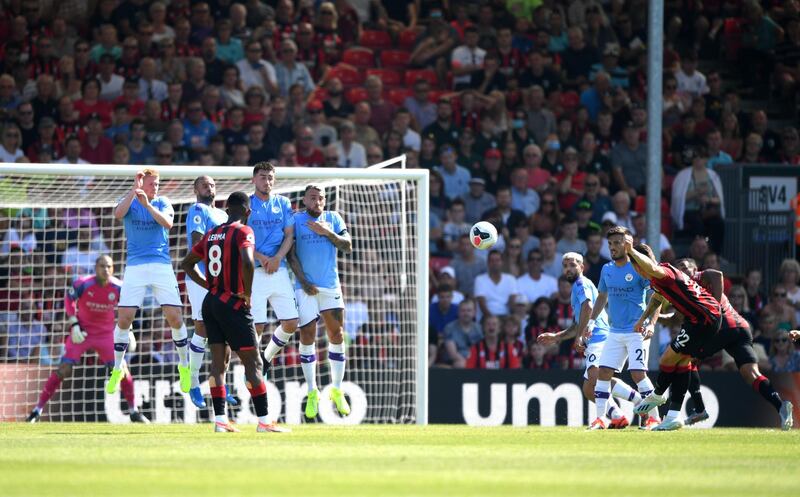 BOURNEMOUTH, ENGLAND - AUGUST 25: Harry Wilson of AFC Bournemouth scores his team's first goal during the Premier League match between AFC Bournemouth and Manchester City at Vitality Stadium on August 25, 2019 in Bournemouth, United Kingdom. (Photo by Shaun Botterill/Getty Images)