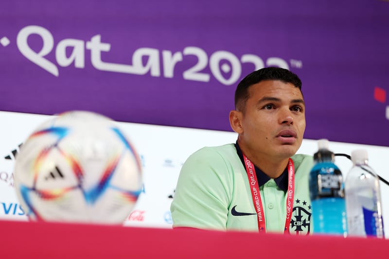 Thiago Silva of Brazil at a press conference in Doha on Wednesday, November 23, 2022, on the eve of his side's World Cup Group G opener against Serbia. Getty 