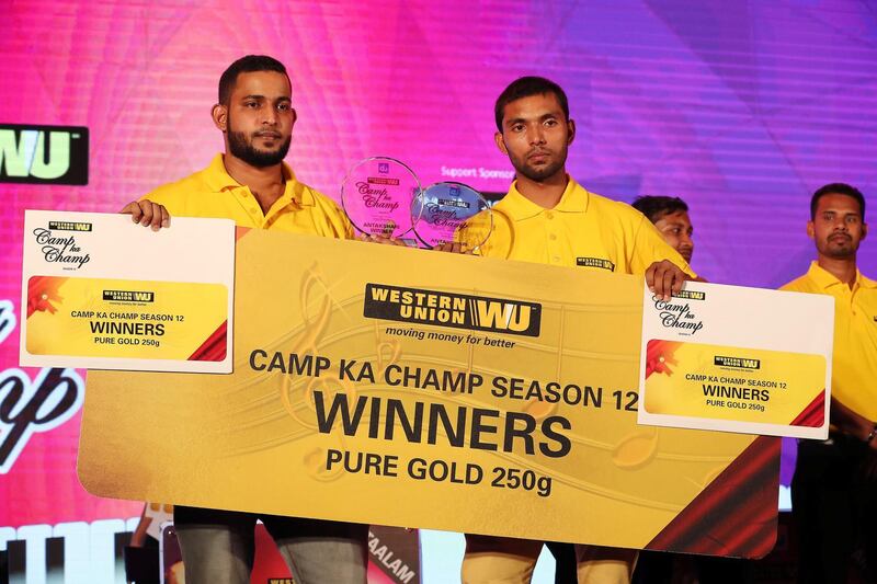 DUBAI , UNITED ARAB EMIRATES, September 27 , 2018 :- Left to Right – Suheb Abdul Razak and Krishna Dev Kumar from India winners of the Western Union Camp Ka Champ season 12 with their prize during the award ceremony held at Nuzul Accommodation in Jabel Ali Industrial area in Dubai. ( Pawan Singh / The National )  For News/Big Picture/Instagram/Online. Story by Patrick
