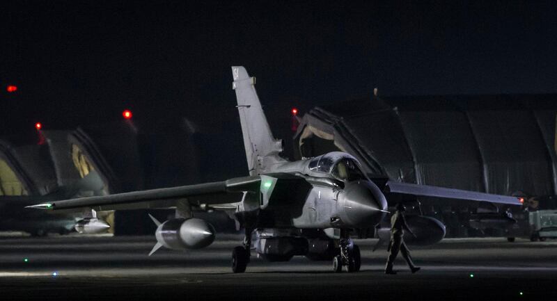 epa06667927 A handout photo made available by the British Ministry of Defence (MoD) showing a British Royal Air Force (RAF) Tornado taxing before take off at RAF Akrotiri, Cyprus, 14 April 2018 after conducting strikes in support of Operations over the Middle East.The MoD report that four RAF Tornado's took off on 14 April 2018 from RAF Akrotiri to conduct precision strikes on Syrian installations involved in the use of chemical weapons. The Tornados, flown by 31 Squadron the Goldstars, were supported by a Voyager aircraft. They launched Storm Shadow missiles at a military facility â€“ a former missile base â€“ some fifteen miles west of Homs, where the regime is assessed to keep chemical weapon precursors stockpiled in breach of Syriaâ€™s obligations under the Chemical Weapons Convention.  Very careful scientific analysis was applied to determine where best to target the Storm Shadows to maximise the destruction of the stockpiled chemicals and to minimise any risks of contamination to the surrounding area.  The facility which was struck is located some distance from any known concentrations of civilian habitation, reducing yet further any such risk.  EPA/Cpl L MATTHEWS / BRITISH MINISTRY OF DEFENCE / HANDOUT MANDATORY CREDIT MOD: CROWN COPYRIGHT HANDOUT EDITORIAL USE ONLY/NO SALES