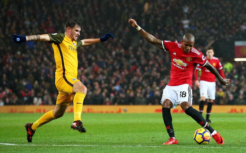 MANCHESTER, ENGLAND - NOVEMBER 25: Ashley Young of Manchester United scores his sides first goal during the Premier League match between Manchester United and Brighton and Hove Albion at Old Trafford on November 25, 2017 in Manchester, England.  (Photo by Alex Livesey/Getty Images)
