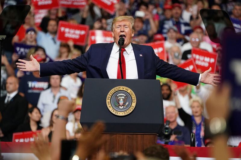 US President Donald Trump speaks at a campaign kick off rally at the Amway Center in Orlando, Florida, US.  Reuters