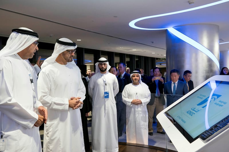 ABU DHABI, UNITED ARAB EMIRATES - November 12, 2017: HH Sheikh Mohamed bin Zayed Al Nahyan Crown Prince of Abu Dhabi Deputy Supreme Commander of the UAE Armed Forces (2nd L) and Amin H Nasser, President and CEO of Saudi Aramco (L), attend the inauguration of the 'Panorama' Artificial Intelligence and Big Data Centre at ADNOC HQ.


( Rashed Al Mansoori / Crown Prince Court - Abu Dhabi  )
---