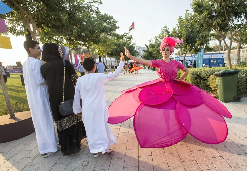 Abu Dhabi, United Arab Emirates- Performers welcoming the visitors at the Expo 2020 countdown at The Louvre, Saadiyat.  Leslie Pableo for The National