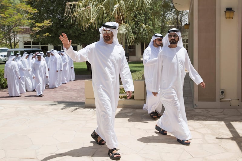 AL MARGHAM, DUBAI, UNITED ARAB EMIRATES - August 09, 2017: HH General Sheikh Mohamed bin Zayed Al Nahyan Crown Prince of Abu Dhabi Deputy Supreme Commander of the UAE Armed Forces (center L), arrives at a lunch reception hosted by HH Sheikh Mohamed bin Rashid Al Maktoum, Vice-President, Prime Minister of the UAE, Ruler of Dubai and Minister of Defence (center R). 
( Ryan Carter / Crown Prince Court - Abu Dhabi )
---