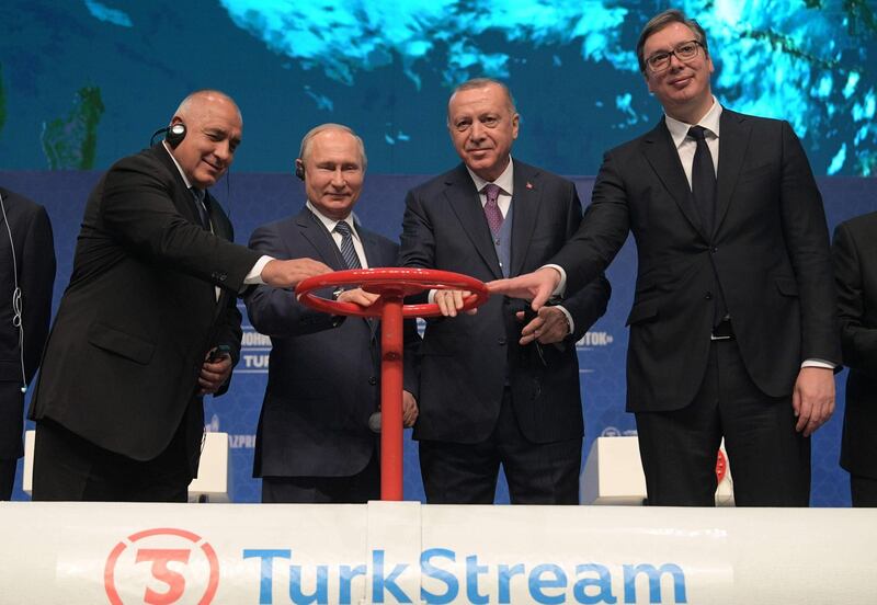 From L: Bulgarian Prime Minister Boyko Borisov, Russian President Vladimir Putin, Turkish President Recep Tayyip Erdogan and Serbian President Aleksandar Vucic attend an inauguration ceremony of a new gas pipeline "TurkStream" on January 8, 2020 in Istanbul. Turkish President Recep Tayyip Erdogan is hosting Russian counterpart Vladimir Putin to inaugurate a new gas pipeline, with tensions in Libya and Syria also on the agenda.The TurkStream project, which was temporarily halted during a frosty patch in Russia-Turkey relations, includes two parallel pipelines of more than 900 kilometres (550 miles). / AFP / SPUTNIK / Alexey DRUZHININ
