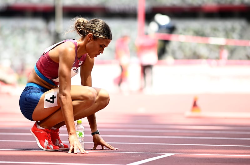 Winner Sydney McLaughlin of the US after winning the Women's 400m Hurdles.