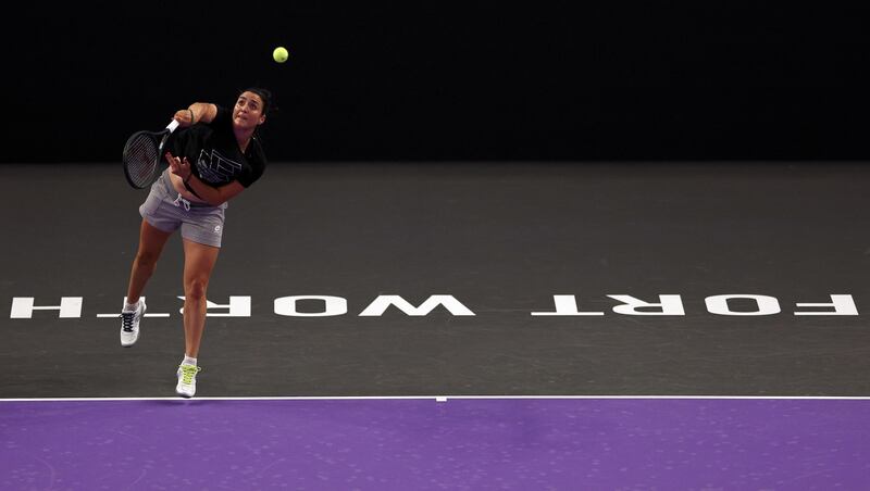 Ons Jabeur practices on centre court prior to the 2022 WTA Finals. Getty