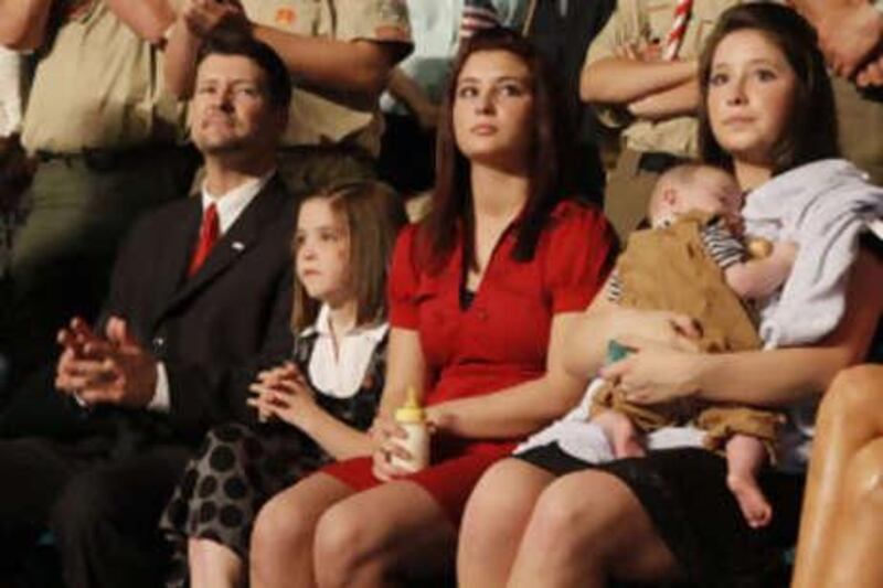 Bristol Palin, 17, holds her brother Trig during the campaign rally where the Republican presidential candidate, Senator John McCain, introduced the Alaska governor, Sarah Palin, as his vice presidential running mate in Dayton, Ohio on Aug 29 2008.