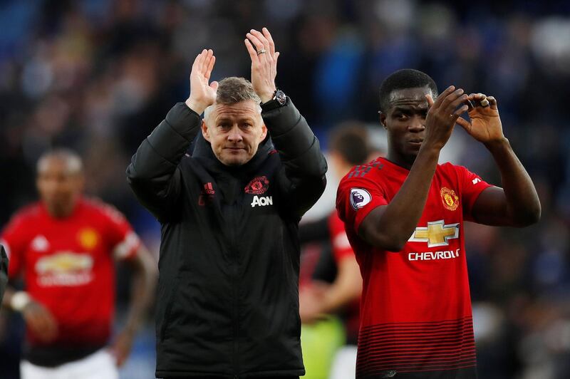 Manchester United interim manager Ole Gunnar Solskjaer celebrates after the match with Eric Bailly. Action Images via Reuters