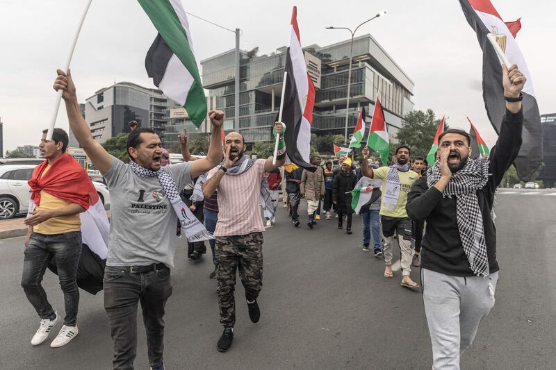 Protesters chant slogans at a pro-Palestinian demonstration near the US consulate in Sandton, Johannesburg, South Africa. AFP