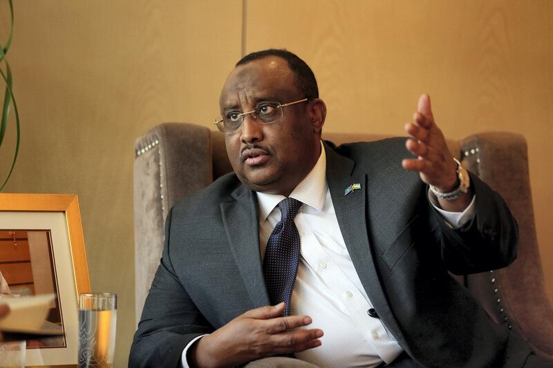 Dubai, April 26, 2018: Abdiweli Ali, President, Puntland  gestures during the interview at the Dubai Press Club at Convention Tower in Dubai. Satish Kumar for the National / Story by Charlie Mitchel