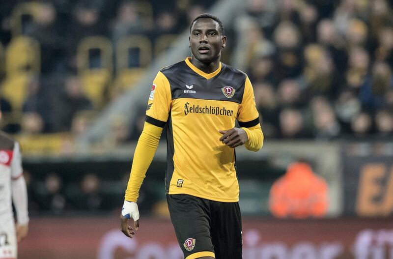 DRESDEN, GERMANY - JANUARY 25:  Peniel Mlapa of Dresden reacts during the Second Bundesliga match between SG Dynamo Dresden and FC St. Pauli at DDV-Stadion on January 25, 2018 in Dresden, Germany.  (Photo by Thomas Eisenhuth/Bongarts/Getty Images)