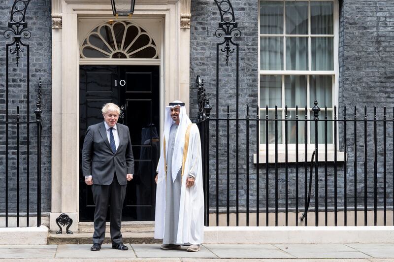 Sheikh Mohamed bin Zayed with UK Prime Minister Boris Johnson, at 10 Downing Street. Ministry of Presidential Affairs