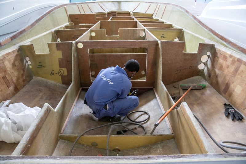 Work on the interiors of one of the Gulf Craft boats.