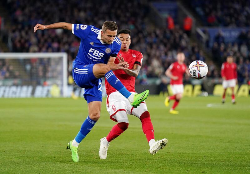 Leicester City full-back Timothy Castagne and Nottingham Forest's Jesse Lingard battle for the ball. PA