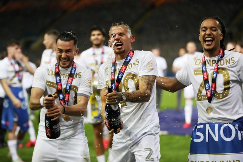 Leeds United's Jack Harrison, Kalvin Phillips and Helder Costa. Reuters