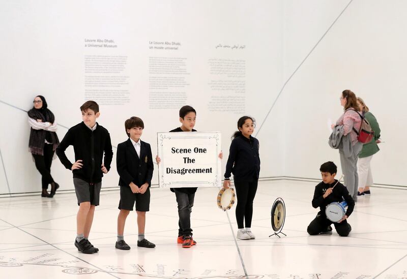 Abu Dhabi, United Arab Emirates - December 04, 2019: Repton School, Abu Dhabi. The Young Guides programme sees school children from across the UAE take part in a 6-week long programme to learn about a select group of objects from the museumÕs permanent collection and receive special training from Louvre AbuDhabiÕs Education team, who teach them how to present and educate a museum-going audience about artistic objects. Wednesday, December 4th, 2019. Louvre, Abu Dhabi. Chris Whiteoak / The National