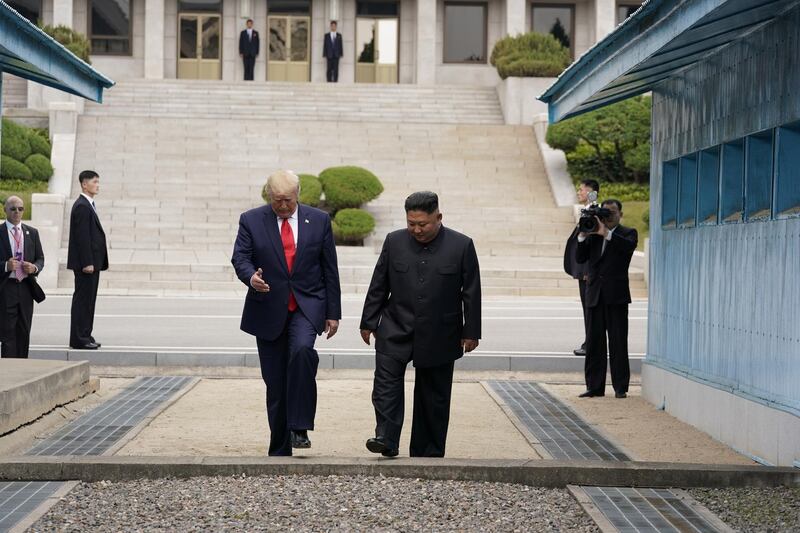 US President Donald Trump meets with North Korean leader Kim Jong-un at the demilitarised zone separating the two Koreas, in Panmunjom, South Korea. Reuters
