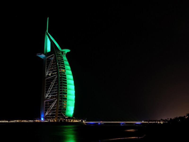 REPRO FREE
16/03/2017, Dubai – Tourism Ireland’s annual Global Greening initiative, to celebrate the island of Ireland and St Patrick, kicks off the organisation’s major first half promotional drive to grow overseas tourism in 2017. The annual initiative sees a host of major landmarks around the world turn green for St Patrick’s Day.
PIC SHOWS: Burj al Arab hotel, Dubai, joins Tourism Ireland’s Global Greening, to celebrate the island of Ireland and St Patrick. 
Pic – Tourism Ireland (no repro fee)
Further press info – Sinéad Grace, Tourism Ireland 087 685 9027
