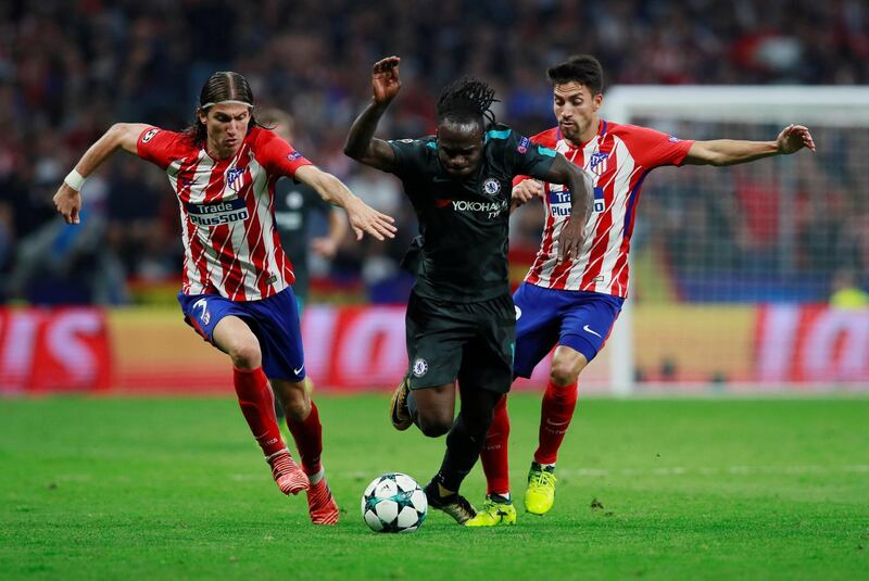 Soccer Football - Champions League - Atletico Madrid vs Chelsea - Wanda Metropolitano, Madrid, Spain - September 27, 2017   Chelsea's Victor Moses in action with Atletico Madrid's Filipe Luis    Action Images via Reuters/Jason Cairnduff