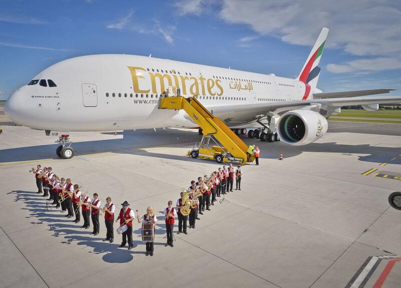 An Emirates A380 is welcomed to Vienna by a marching band after the world's largest passenger plane's first service to the Austrian city recently. Courtesy Emirates