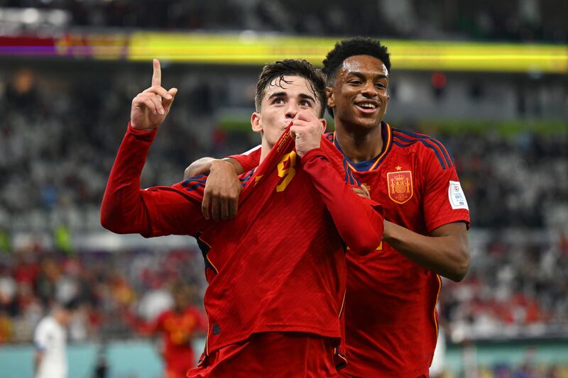 Gavi of Spain celebrates with Alejandro Balde after scoring their fifth goal against Costa Rica. Getty
