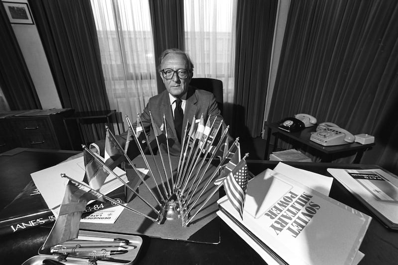 Lord Carrington, the new Secretary General of Nato, sits behind his desk in Brussels, Belgium, in 1984