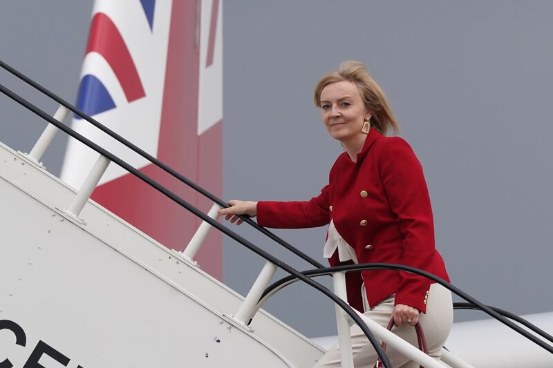 Foreign Secretary Liz Truss boards RAF Voyager at Stansted Airport to travel to the US. PA