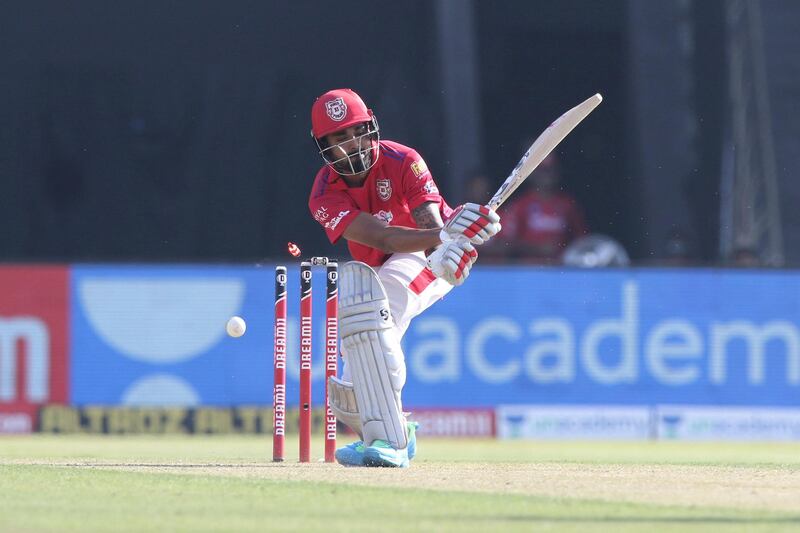 KL Rahul captain of Kings XI Punjab gets clean bowled during match 53 of season 13 of the Dream 11 Indian Premier League (IPL) between the Chennai Super Kings and the Kings XI Punjab at the Sheikh Zayed Stadium, Abu Dhabi  in the United Arab Emirates on the 1st November 2020.  Photo by: Pankaj Nangia  / Sportzpics for BCCI