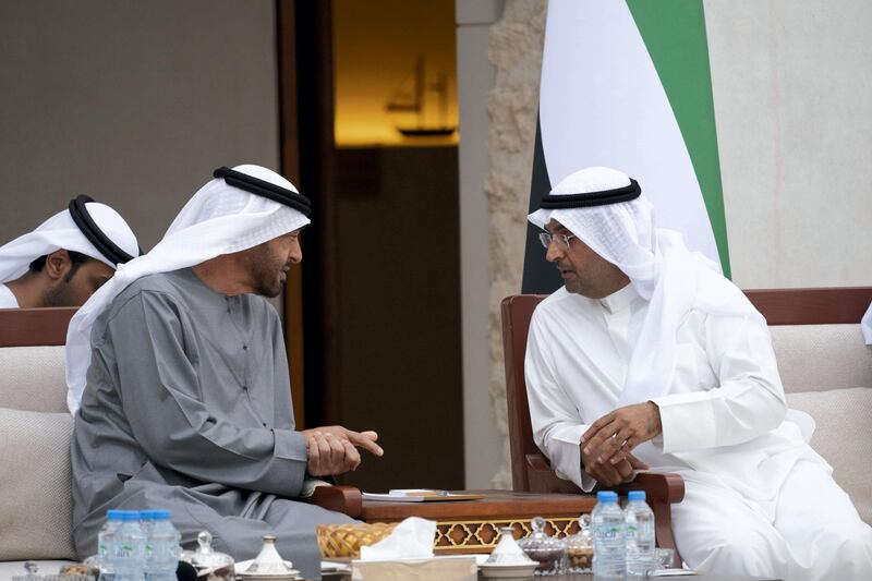 ABU DHABI, UNITED ARAB EMIRATES - February 11, 2020: HH Sheikh Mohamed bin Zayed Al Nahyan, Crown Prince of Abu Dhabi and Deputy Supreme Commander of the UAE Armed Forces (L) meets with HE Dr Nayef Falah Al Hajraf, Secretary General of the Gulf Cooperation Council (R), during a barza, at Qasr Al Hosn. 

( Mohamed Al Hammadi / Ministry of Presidential Affairs )
---