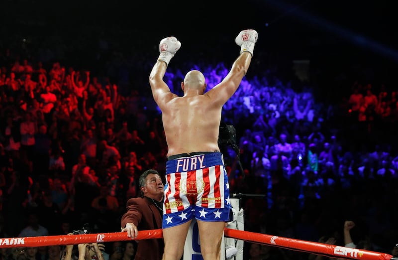 Tyson Fury, of England, celebrates after defeating Tom Schwarz, of Germany, during a heavyweight boxing match in Las Vegas. AP Photo