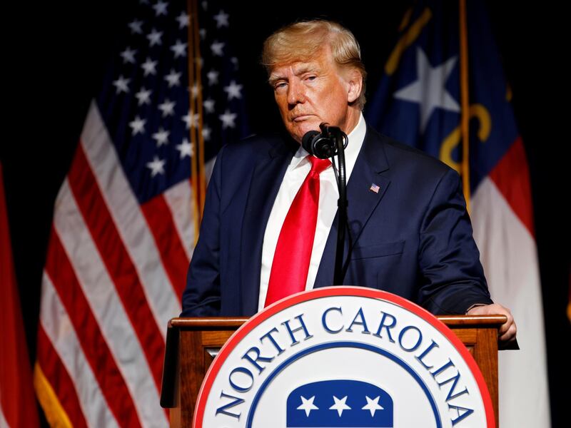 FILE PHOTO: Former U.S. President Donald Trump pauses while speaking at the North Carolina GOP convention dinner in Greenville, North Carolina, U.S. June 5, 2021.  REUTERS/Jonathan Drake/File Photo