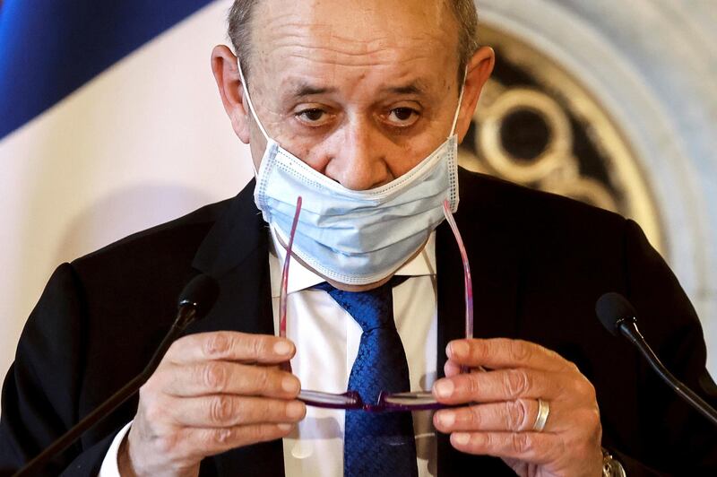 French European and Foreign Affairs Minister Jean-Yves Le Drian attends a joint press conference following a meeting on the Middle East Peace process, in Paris. Reuters