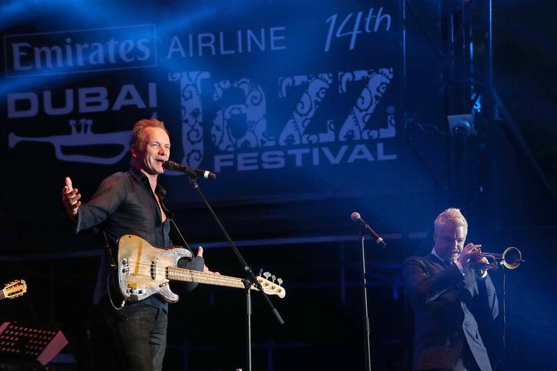 Sting and Chris Botti perform at the Dubai Jazz Festival held at Dubai Media City Amphitheatre. Pawan Singh / The National