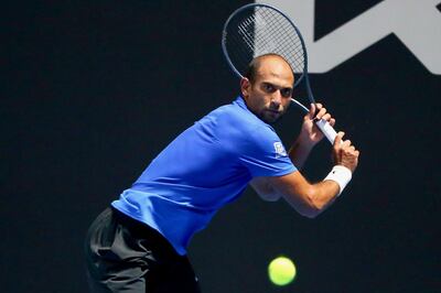 Mohamed SAFWAT (EGY) playing against Arthur DE GREEF (BEL) in their round 1 match on court 2 at the Australian Open 2021 Men‚Äôs Qualifying at the Khalifa International Tennis and Squash Complex in Doha, Qatar, Sunday, January 10, 2021. Tennis Australia Photo by Samer Alrejjal