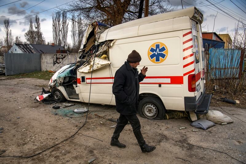 A damaged ambulance in Hostomel, on the outskirts of Kyiv. Reuters
