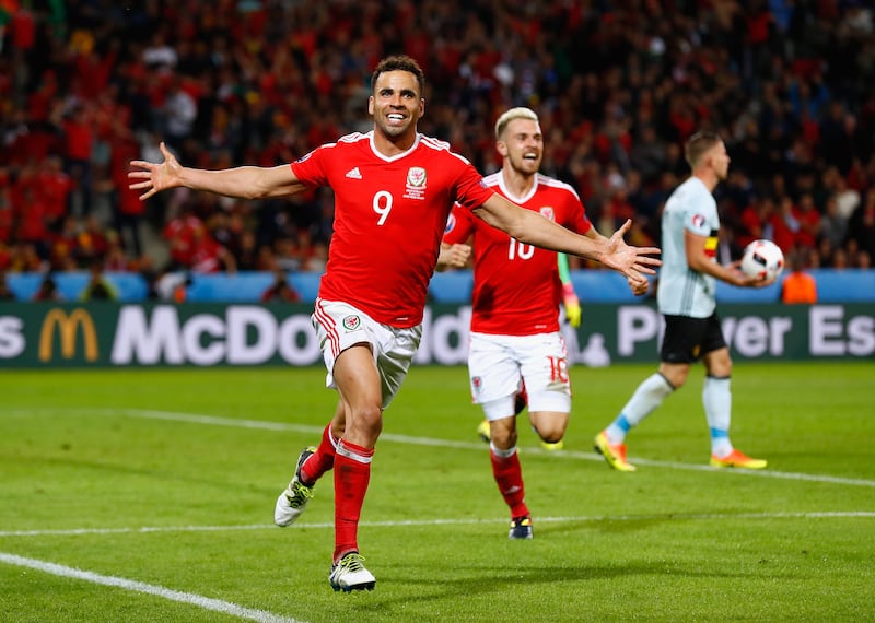 Hal Robson-Kanu celebrates scoring the second goal during Wales's 3-1 Euro 2016 quarter-final win against Belgium. 