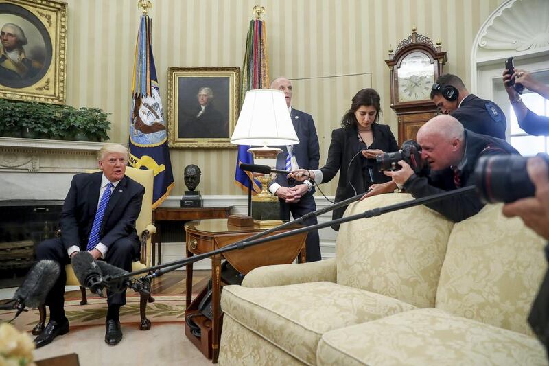 President Donald Trump speaks to members of the media while meeting with Sheikh Mohammed bin Zayed, Crown Prince of Abu Dhabiand Deputy Supreme Commander of the Armed Forces, to the White House in Washington on Monday. Andrew Harnik / AP Photo