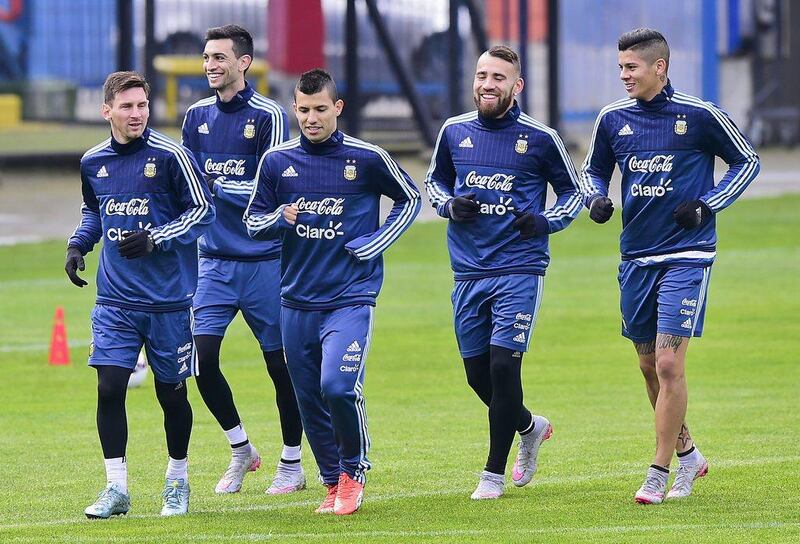 From left to right: Argentina player Lionel Messi, Javier Pastore, Sergio Aguero, Nicolas Otamendi and Marcos Rojo take part in training ahead of the Copa America final. Luis Acosta / AFP / July 1, 2015