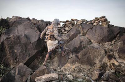 A members of Yemeni resistance forces of Abu Jabr brigade is seen at a front line position in Zi Naem town of Al-Bayda governorate,  May 9, 2018.  Photo/ Asmaa Waguih 